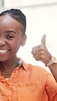 Face, creative and black woman with thumbs up in office for good news, agreement and bonus winner. Portrait, female person and dancing with gesture for yes sign, feedback and promotion achievement