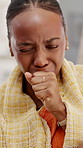 Sick, woman and cough in house with chest pain, respiratory infection or symptoms of medical problem. Black person, virus and blanket in home with asthma attack, tuberculosis or fatigue from burnout.