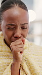 Sick, woman and cough in house with blanket, respiratory infection or symptoms of medical problem. Black person, chest pain and virus in home with asthma attack, tuberculosis or fatigue from burnout.