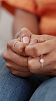 Mental health, overthinking or hands in house with nerves, anxiety trigger or memory of past trauma. Stress, overwhelmed or person in home with flashback, fear or tension in emotional thoughts.