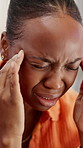 Stress, headache and black woman in office with burnout, fatigue or brain fog for creative project. Tired, professional and African female magazine editor massage temples with migraine for deadline.