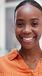Black woman, face and smile in office with confidence for creative agency, ambition and startup. Portrait, magazine editor and pride with about us for project, development and journalist in workplace