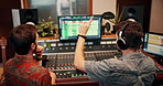 Men, count down and recording studio for sound, song or mixing with music producer. Artist, director and teamwork or collaboration with headphones, composition and production with audio engineer