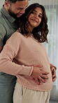 Kiss, pregnancy and couple hug in home for love, prenatal care and connection with partner. Embrace, man and touch stomach of pregnant woman for support, maternity and smile with future family