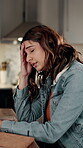 Headache, remote work and stress with woman in home kitchen for planning or research deadline. Anxiety, burnout and laptop with freelance employee in apartment for migraine, pressure or tension