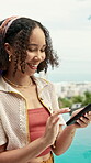 Woman, phone and outdoor at resort with summer vacation, social media post or website for accommodation. Person, smile and scroll by swimming pool with tech, holiday and mobile app for booking hotel.