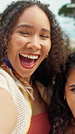 Selfie, face or friends at resort with happiness, reunion celebration or bonding in digital memory. Portrait, POV or women outdoor with smile, group party or social gathering in holiday picture.