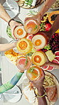 Cheers, cocktails and hands of friends with food at holiday home for bonding, celebration or social event. Lunch, toast and people with alcoholic drinks for summer party at resort or accommodation.