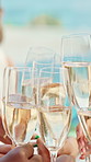 Cheers, champagne and hands of friends at bachelorette party, holiday or social event by pool. Toast, sparkling wine and group of women with alcoholic drink for engagement celebration on vacation.