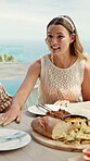 Laugh, friendship or woman at resort with lunch, celebration or bonding together in reunion. Social gathering, food or people outdoor with happiness, fun time or shared meal in healthy relationship.