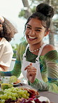 Laughing, friends or woman at resort with lunch, celebration or bonding together in reunion party. Social gathering, happy or people outdoor with food, fun time or shared meal in healthy relationship