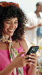 Woman, phone and typing at party with summer holiday, thinking and smile for text message notification. Happy, person and scroll on vacation with tech, social media chat or online dating app at hotel