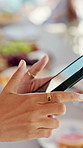 Hands, phone and texting at pool party for lunch with friends, check notification and relax in summer. Person, smartphone and outdoor with mobile app, scroll and post on social network at reunion