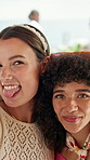 Selfie, happy and face of girl friends at resort for holiday, getaway or weekend trip together. Smile, goofy and portrait of women with photography picture for bonding memory on summer vacation.