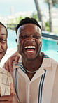 Selfie, face or friends at villa with happiness, reunion celebration or bonding in digital memory. Portrait, POV or men outdoor with smile, group party or social gathering in holiday picture.