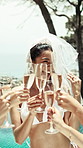 Cheers, champagne and women by pool for bachelorette party, holiday or social event. Toast, sparkling wine and group of friends with alcoholic drink for engagement celebration with travel on vacation