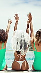 Bridal shower, friends and celebration with toast at pool party with view, cheering or outdoor on holiday. Women, group or back with drinks, success or relax in summer with glasses at vacation resort