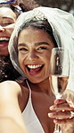 Selfie, champagne and face of girl friends on holiday for bachelorette party or social event. Happy, sparkling wine and portrait of women with alcoholic drinks for cheers to engagement celebration.