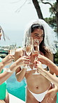 Cheers, champagne and friends by pool for bachelorette party, holiday or social event. Toast, sparkling wine and group of women with alcoholic drink for engagement celebration with travel on vacation