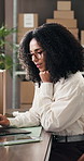 Boxes, laptop and reading with woman in logistics plant for management of shipping schedule. Computer, thinking and typing with employee person in supply chain office for delivery or distribution