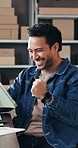 Wow, fist pump or man in warehouse with tablet, sales increase or good news for ecommerce store. Logistics, excited and entrepreneur with tech, positive customer review or revenue growth for webshop.