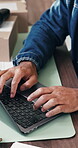 Man, hands and typing with laptop for ecommerce report, logistics email and website for shipping info. Person, browsing and computer in office with courier update, online order and administration.