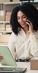 Phone call, smile and tablet with woman in logistics office for delivery feedback or update. App, conversation and supply chain with happy person in workplace for distribution, shipping or tracking