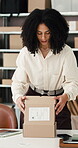 Box, packing and shipping with woman and small business for delivery, ecommerce or inventory. Logistics, distribution and cargo package with person in office supply warehouse for stock and inspection