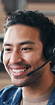 Headset, talking and businessman in office for logistics, delivery or online order for ecommerce. Mic, contact us and male supply chain manager on discussion for customer service in workplace.