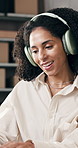 Dance, laptop and music with woman in logistics office for delivery or shipping schedule. Computer, headphones and supply chain with happy person in distribution factory for ecommerce or online order