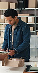 Box, tablet and shipping with man and small business for delivery, ecommerce or inventory. Logistics, distribution or cargo package with person in supply warehouse for stock and online confirmation