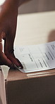 Packaging, label or hands with box for supply chain, priority shipping or mailing address for delivery. Preparation process, courier info or person with sticker for order tracking, parcel or startup