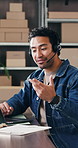 Logistics, headset or man in office with laptop, order management or crm support for ecommerce store. Distribution, telecom or agent with mic, customer service or delivery tracking for webshop.