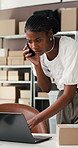 Phone call, stress or black woman with laptop for logistics error, distribution problem or talk. Fail, ecommerce and entrepreneur chat with mobile for order mistake,  wrong address and box in office