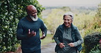 Fitness, running and senior couple in nature for exercise, training or wellness in morning. Sports, health and elderly man with woman for cardio workout, active or challenge together outdoor in park.