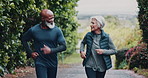 Fitness, running and senior couple outdoor for exercise, training or wellness in morning. Sports, health and elderly man with woman for cardio workout, active or challenge together in nature in park.