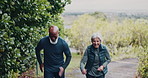 Sports, running and senior couple in nature for exercise, training or wellness in morning. Fitness, health and elderly man with woman for cardio workout, active or challenge together outdoor in park.