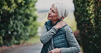 Outdoor, fitness and senior woman with shoulder pain, joint inflammation and injury for exercise burnout. Sprain, runner and old person with massage for ache relief, workout accident and osteoporosis