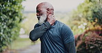 Elderly, black man and neck pain with injury in nature for discomfort, strain or overworked stress. Senior, male person or African runner with sore inflammation or muscle tension for outdoor accident