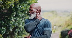 Senior, black man and neck pain with injury in nature for discomfort, strain or overworked stress. Elderly, male person or African runner with sore inflammation or muscle tension for outdoor accident