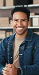 Happy, businessman or face with boxes for logistics, small business startup or supply chain service. Portrait, male person or cargo distributor with smile for ecommerce, online order or distribution