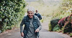 Fitness, running and senior couple with race in nature for exercise, training or wellness in morning. Sports, health and elderly people for cardio workout, active or challenge together outdoor.