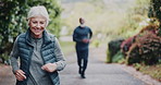 Sports, running and senior couple with race in nature for exercise, training or wellness in morning. Fitness, health and elderly people for cardio workout, active or challenge together outdoor.