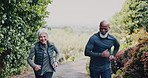 Fitness, running and elderly couple in nature for exercise, training or wellness in morning. Sports, health and senior man with woman for cardio workout, active or challenge together outdoor in park.