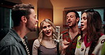 Microphone, singing and group of people in studio for recording music with talent for album. Singers, artists and musicians with audio tech for production on song with media in sound lab for radio.