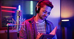 Mic, man and reading with notebook for broadcast, talk show and script for podcast. Media agency, content creation and male person with tech for live streaming, studio recording or audio hosting