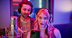 Artist, live stream and team with smartphone in recoding studio, entertainment and talking with fans. Musician, online and people with headphones for content creation, creative and vlog with mobile