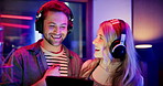Happy, man and woman with tablet in recording studio, artist or creative with song lyrics on website. Entertainment, singer and people with headphones for music, post production and team with tech