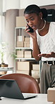 Phone call, stress or black woman with laptop for shipping error, distribution problem or talking. Mobile, frustrated entrepreneur or chat for ecommerce mistake, order fail and headache in office