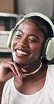 Shipping, office and black woman dance with music, streaming song or subscription service. Headphones, smile or entrepreneur in ecommerce startup for sound, break or listen to radio in small business